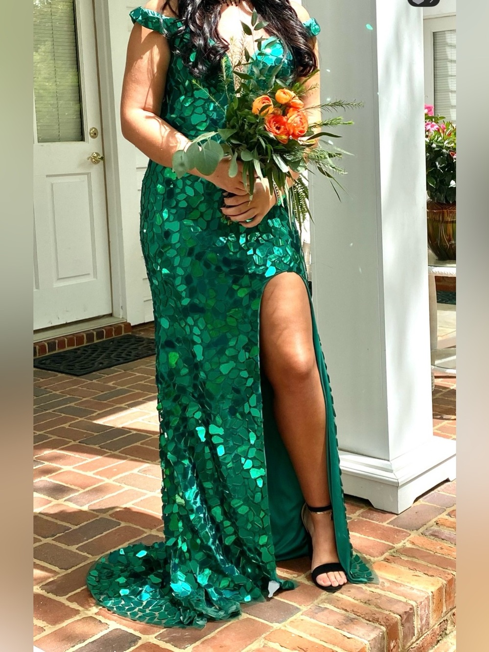 Green Glass Cut Sequin Prom Gown with High Slit by Sophia Thomas